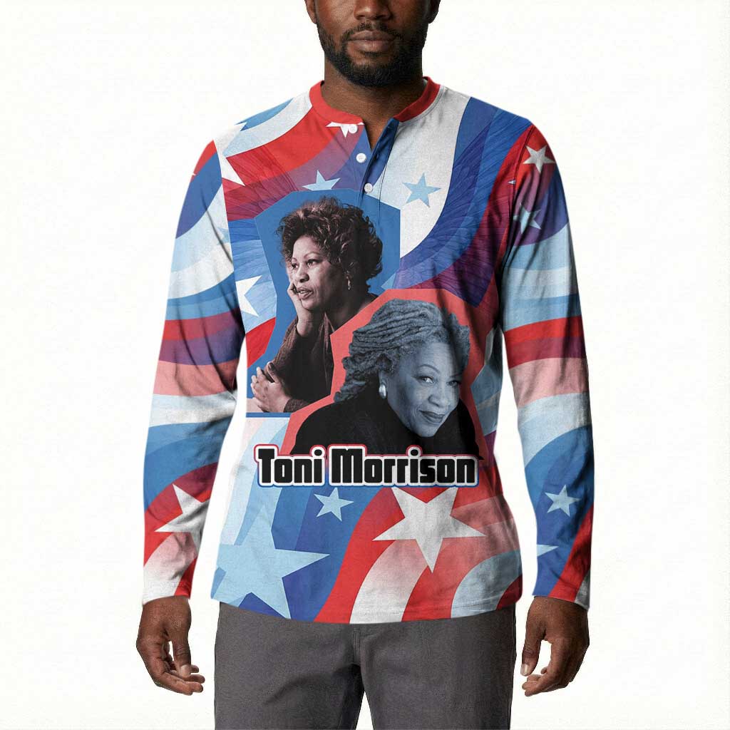 Toni Morrison Button Sweatshirt Abstract Wings Design Empowering Quote Dual Portrait Celebration of Literary Freedom
