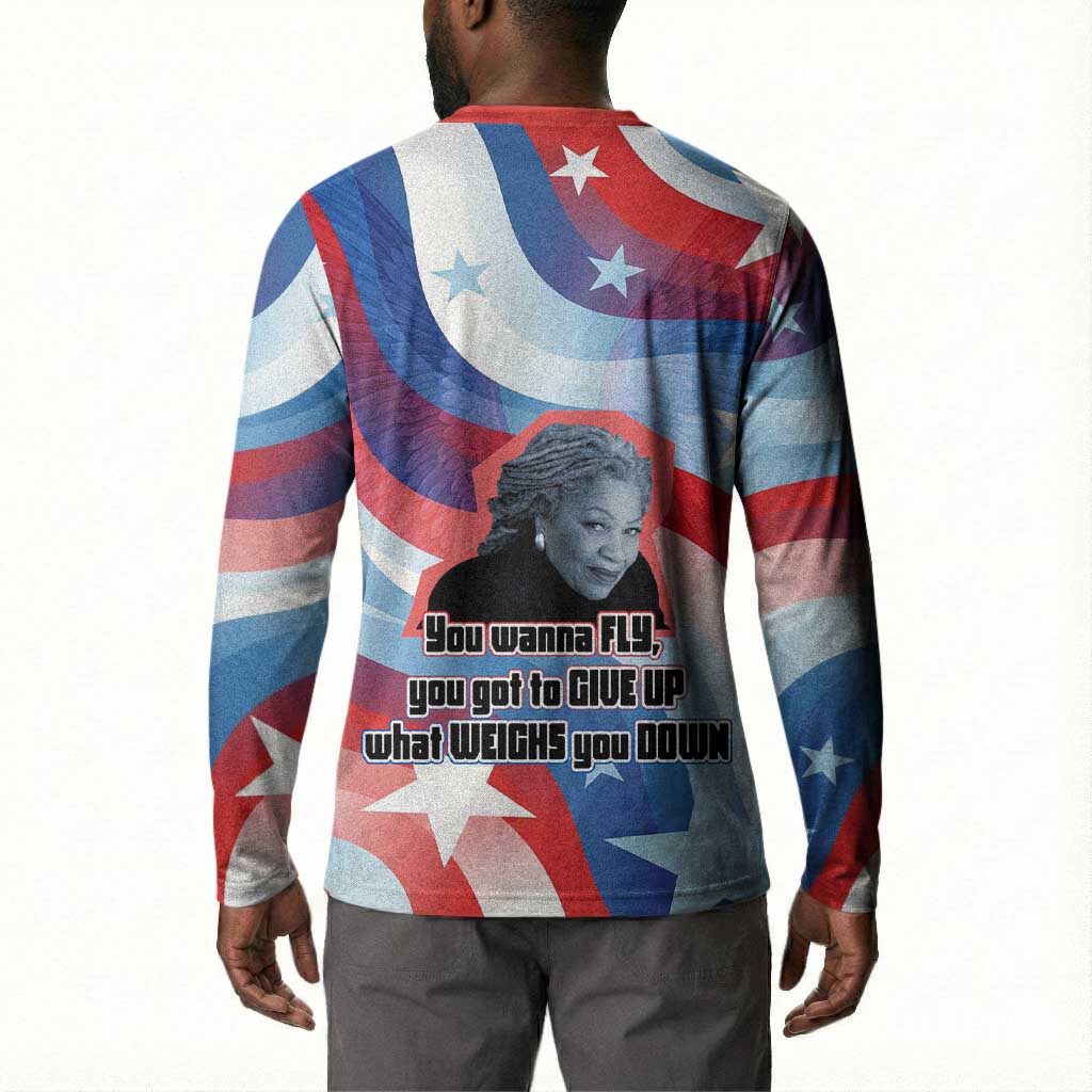 Toni Morrison Button Sweatshirt Abstract Wings Design Empowering Quote Dual Portrait Celebration of Literary Freedom