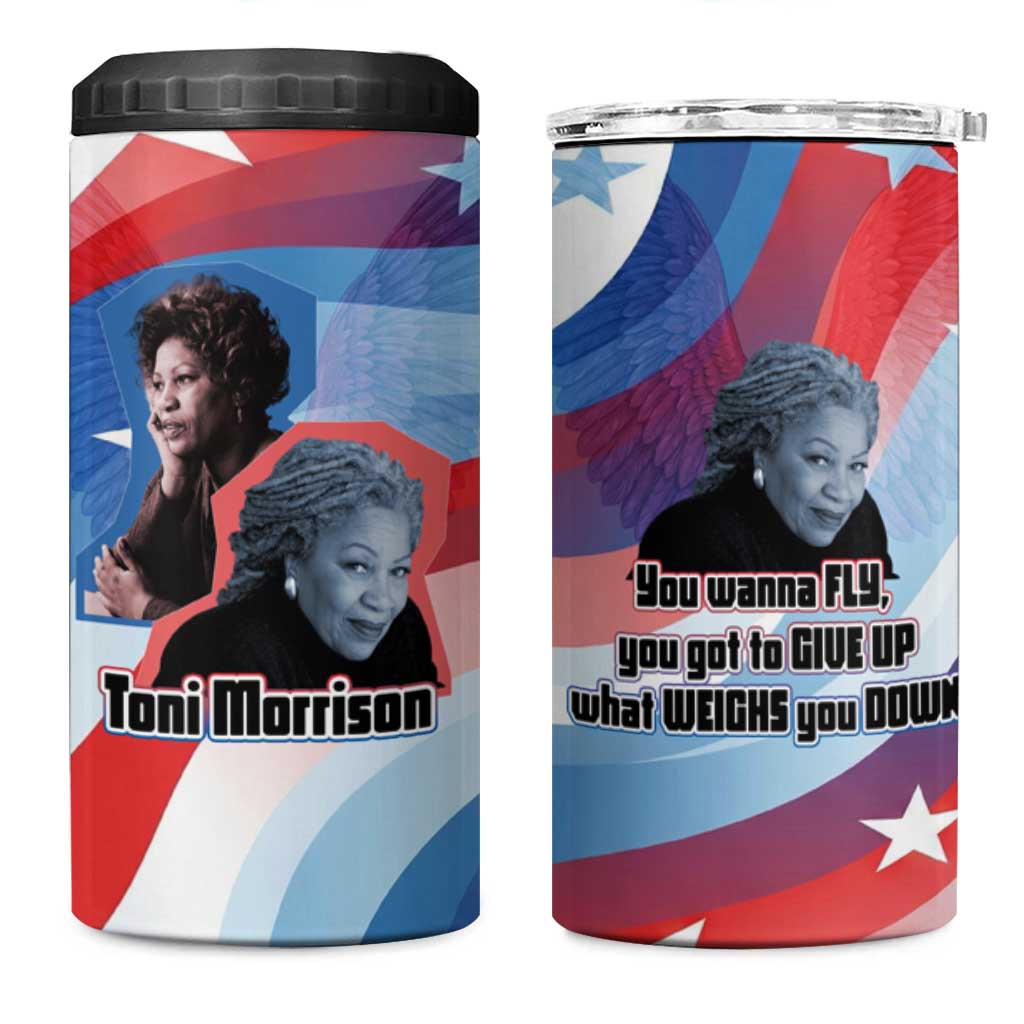 Toni Morrison 4 in 1 Can Cooler Tumbler Abstract Wings Design Empowering Quote Dual Portrait Celebration of Literary Freedom - African Pride