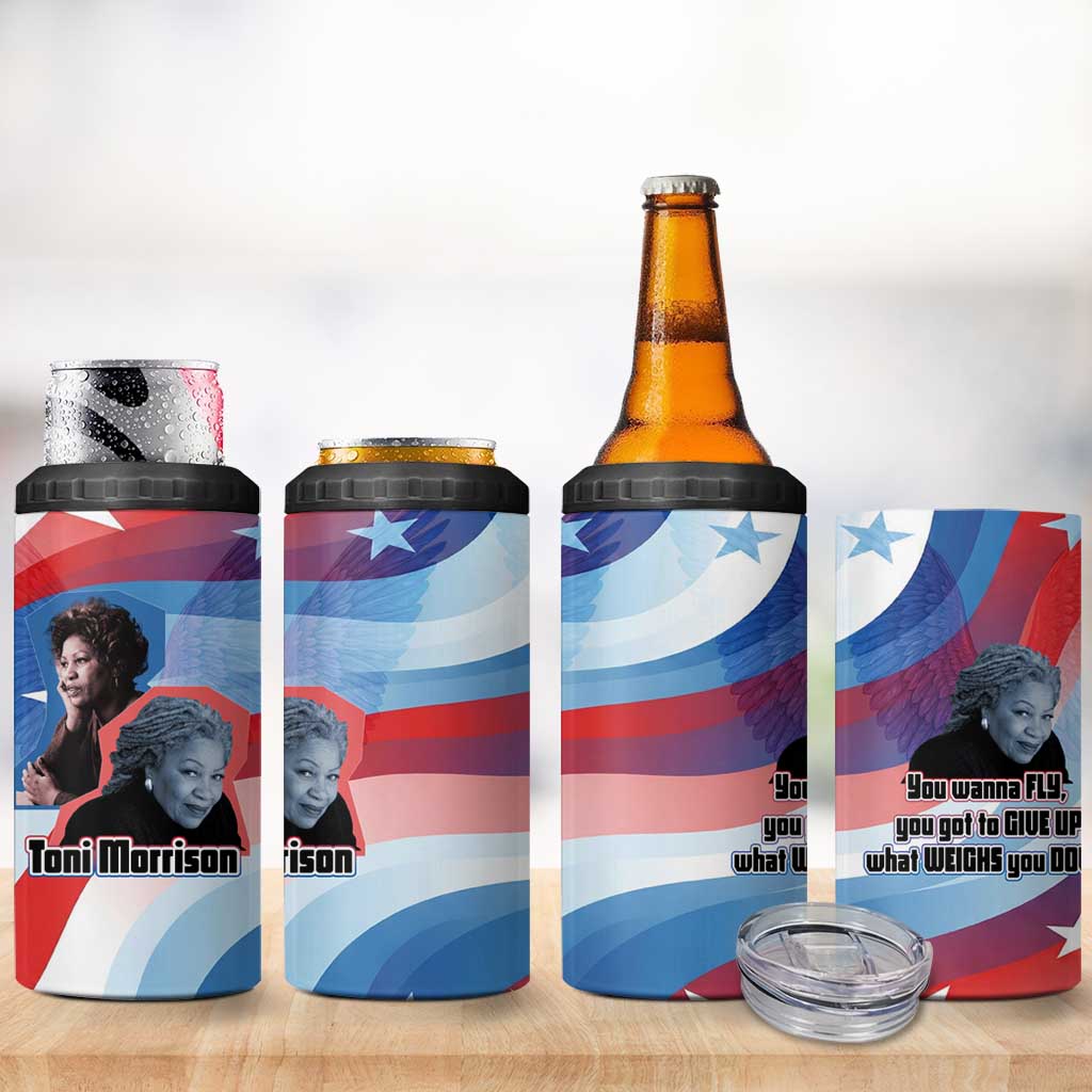 Toni Morrison 4 in 1 Can Cooler Tumbler Abstract Wings Design Empowering Quote Dual Portrait Celebration of Literary Freedom - African Pride