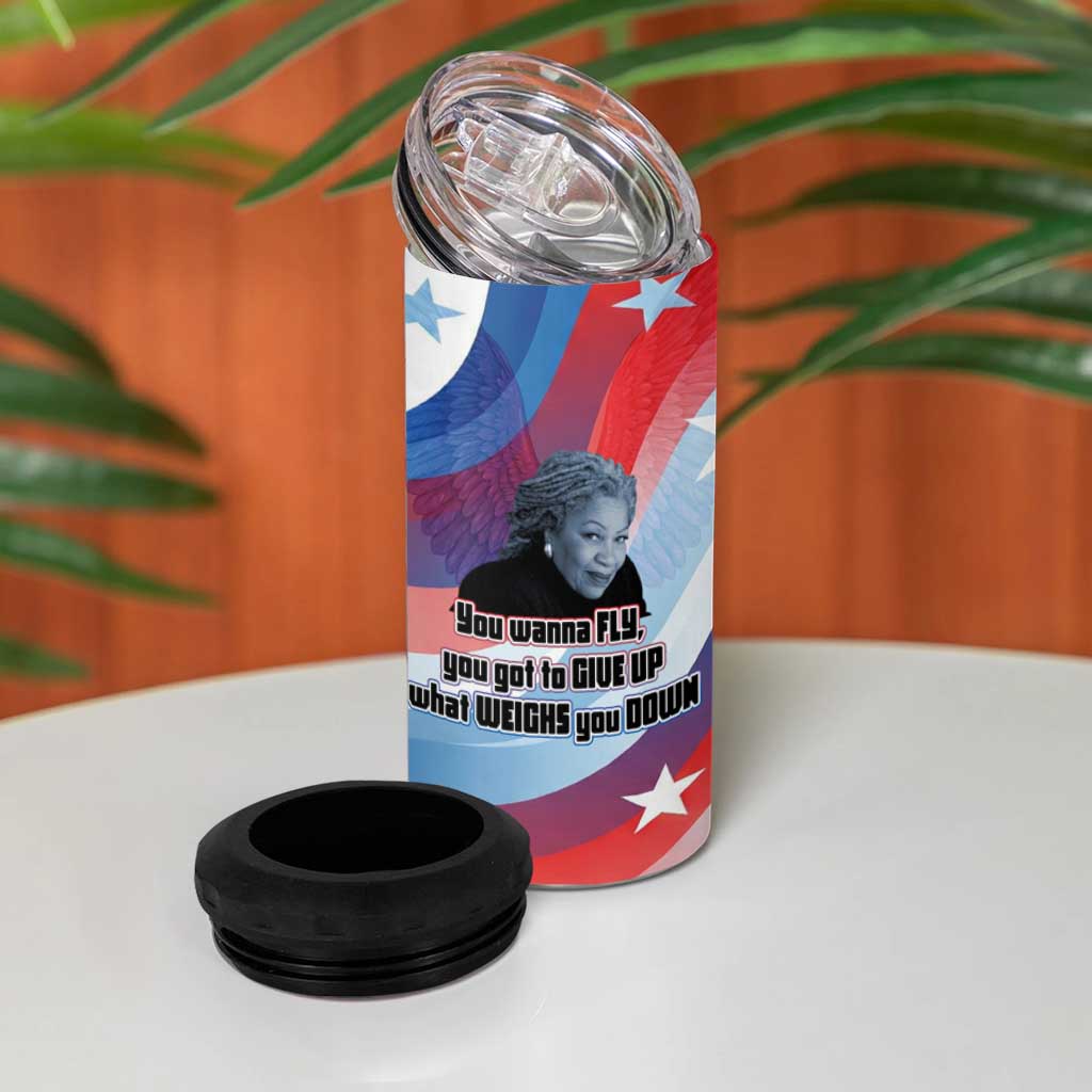 Toni Morrison 4 in 1 Can Cooler Tumbler Abstract Wings Design Empowering Quote Dual Portrait Celebration of Literary Freedom - African Pride