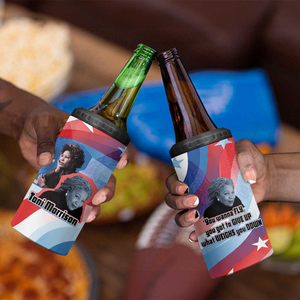 Toni Morrison 4 in 1 Can Cooler Tumbler Abstract Wings Design Empowering Quote Dual Portrait Celebration of Literary Freedom - African Pride