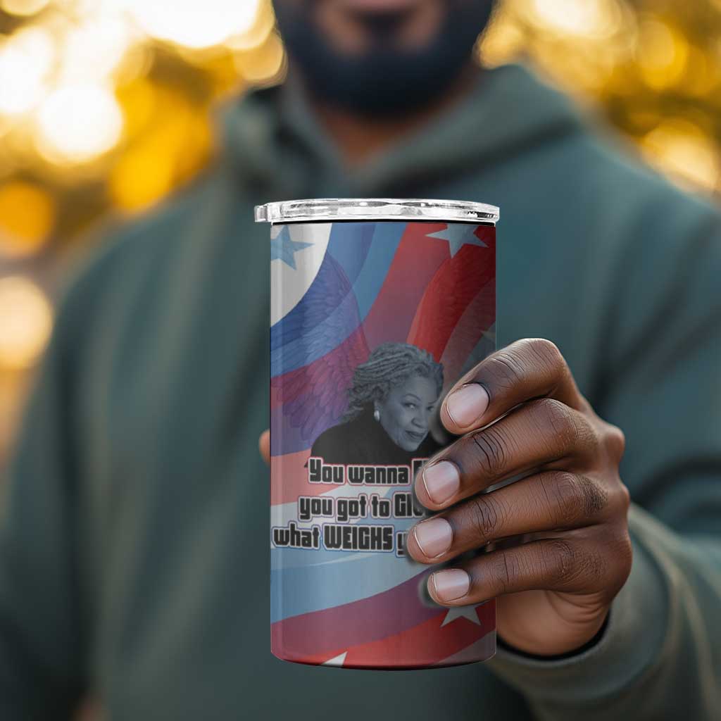 Toni Morrison 4 in 1 Can Cooler Tumbler Abstract Wings Design Empowering Quote Dual Portrait Celebration of Literary Freedom - African Pride