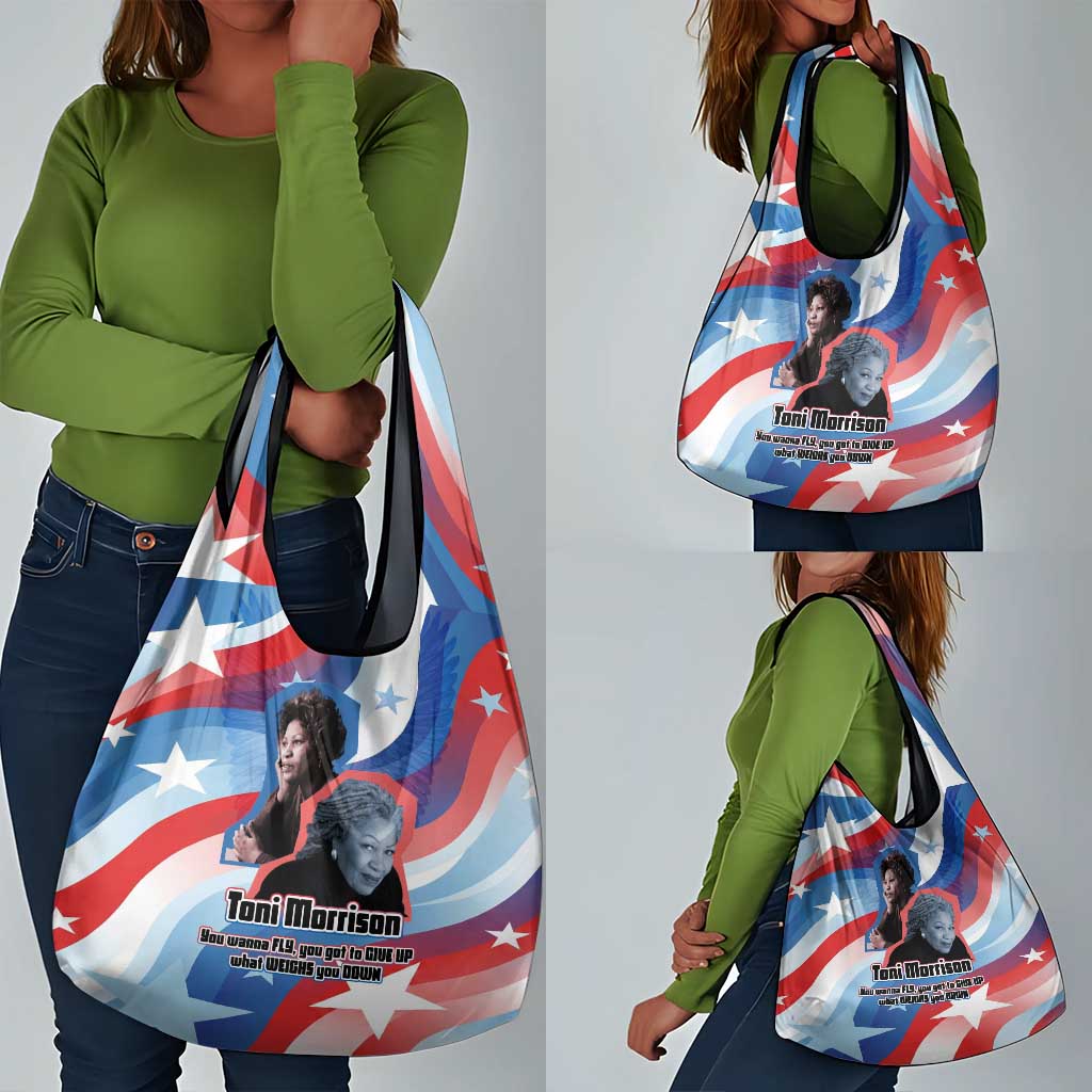 Toni Morrison Grocery Bag Abstract Wings Design Empowering Quote Dual Portrait Celebration of Literary Freedom - African Pride