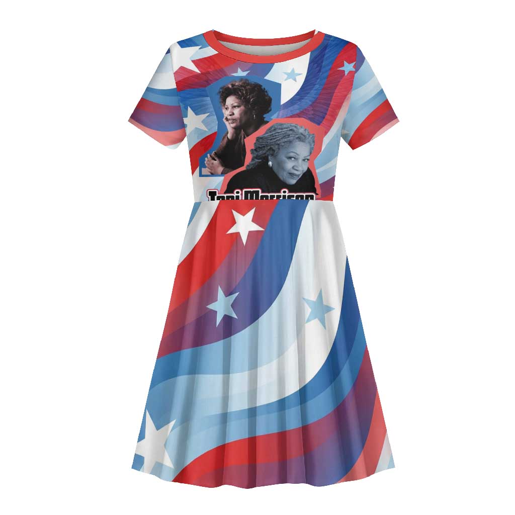 Toni Morrison Kid Short Sleeve Dress Abstract Wings Design Empowering Quote Dual Portrait Celebration of Literary Freedom - African Pride