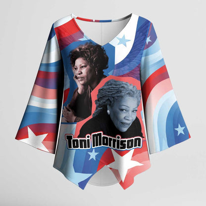 Toni Morrison Kimono Sleeve Blouse Abstract Wings Design Empowering Quote Dual Portrait Celebration of Literary Freedom - African Pride