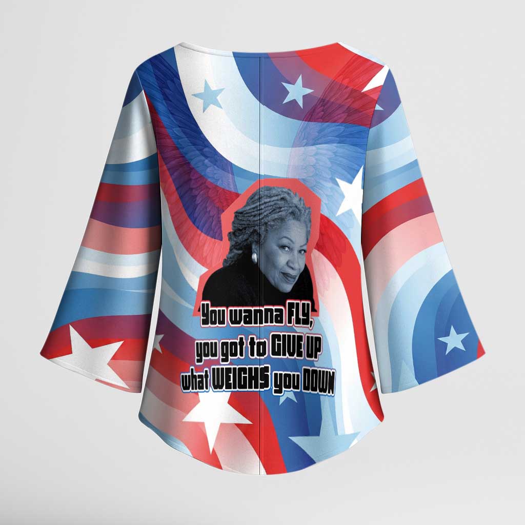 Toni Morrison Kimono Sleeve Blouse Abstract Wings Design Empowering Quote Dual Portrait Celebration of Literary Freedom - African Pride