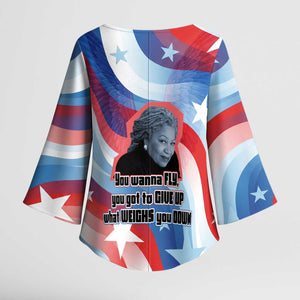Toni Morrison Kimono Sleeve Blouse Abstract Wings Design Empowering Quote Dual Portrait Celebration of Literary Freedom - African Pride