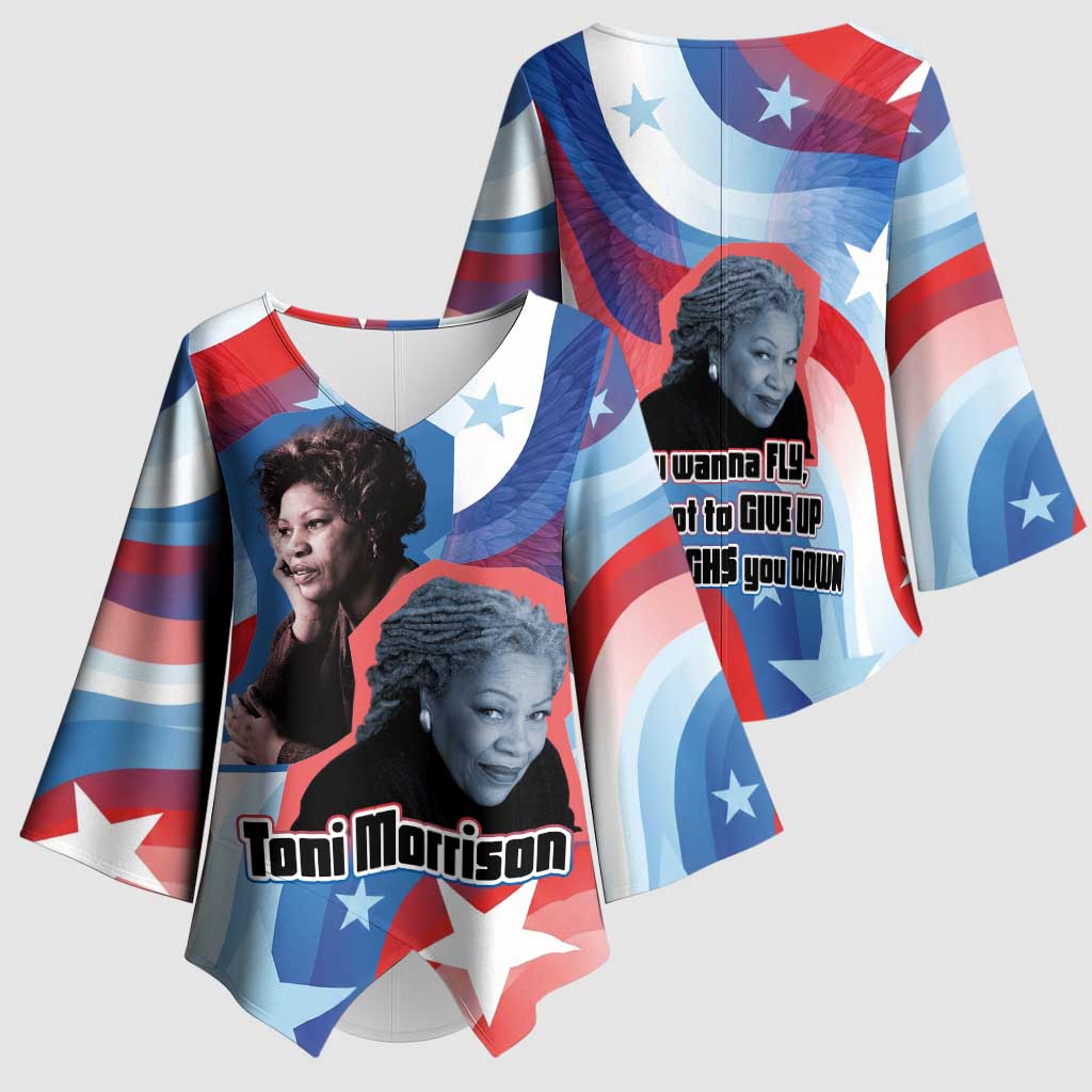 Toni Morrison Kimono Sleeve Blouse Abstract Wings Design Empowering Quote Dual Portrait Celebration of Literary Freedom - African Pride