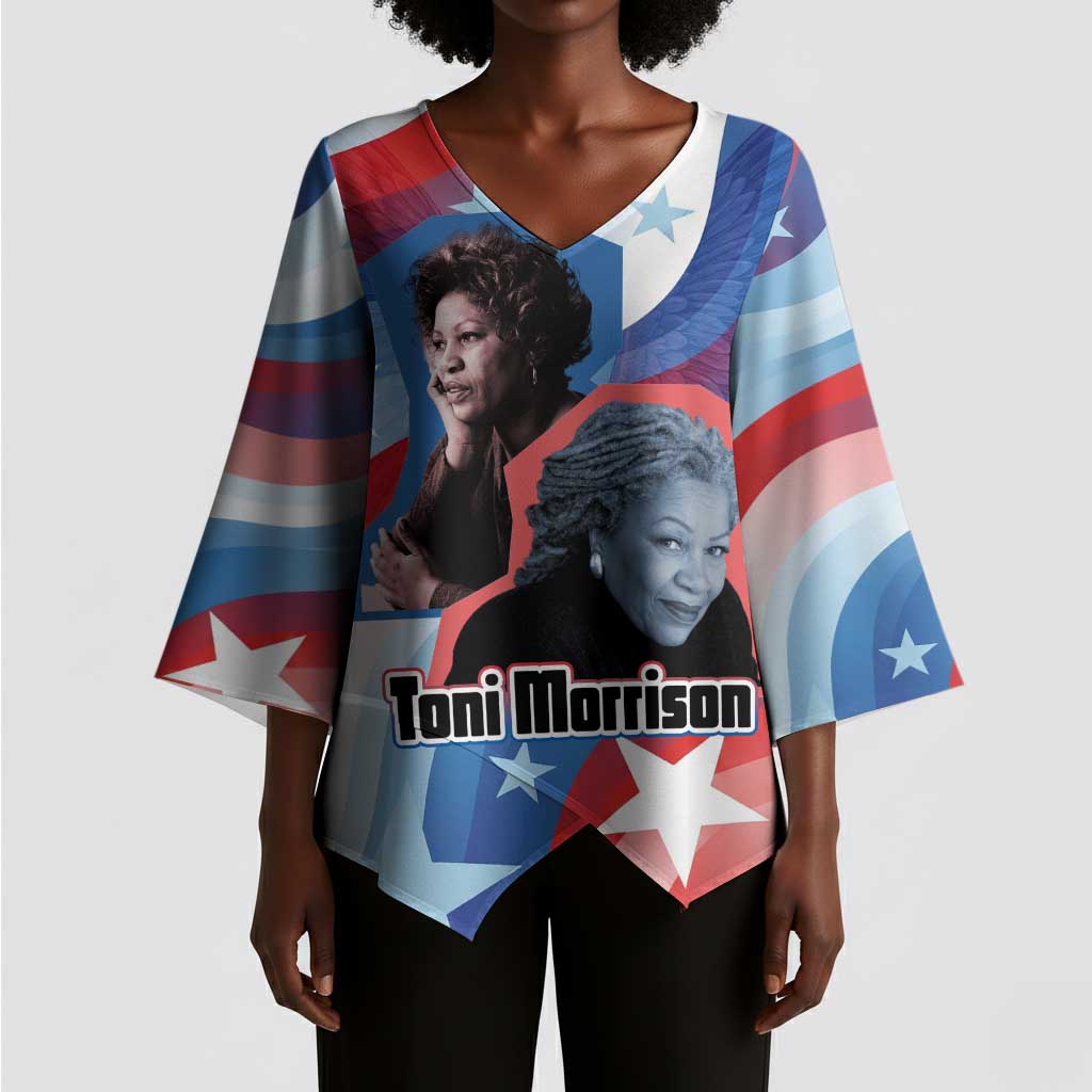 Toni Morrison Kimono Sleeve Blouse Abstract Wings Design Empowering Quote Dual Portrait Celebration of Literary Freedom - African Pride