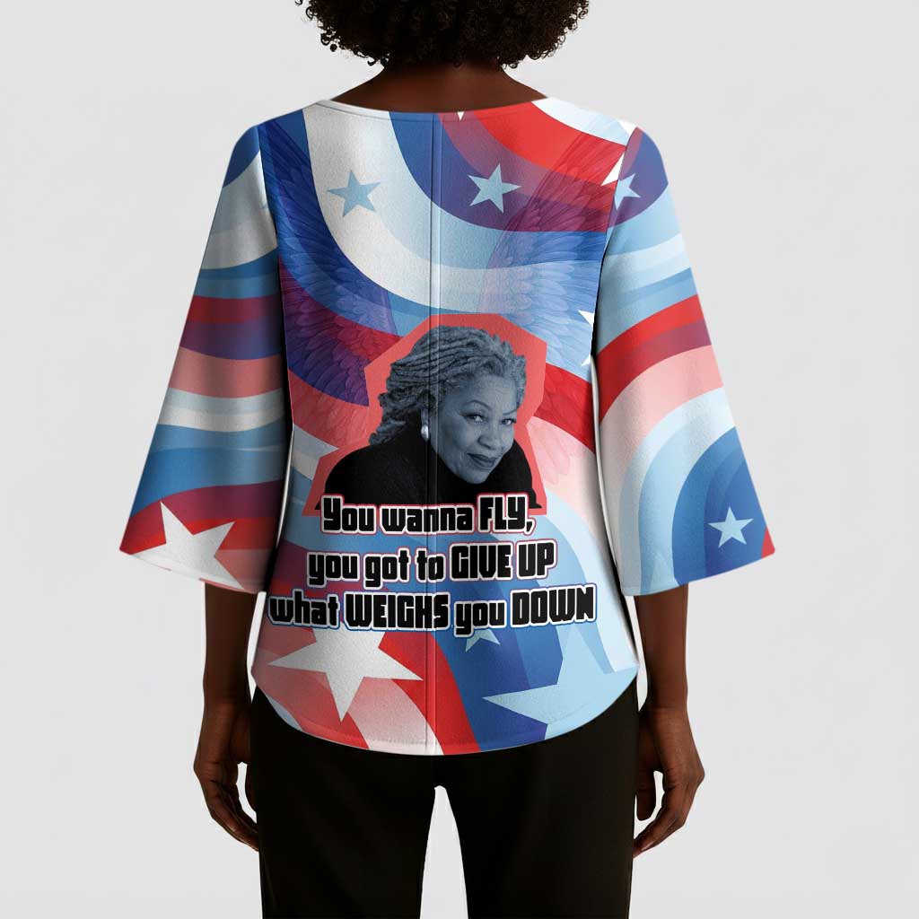 Toni Morrison Kimono Sleeve Blouse Abstract Wings Design Empowering Quote Dual Portrait Celebration of Literary Freedom - African Pride