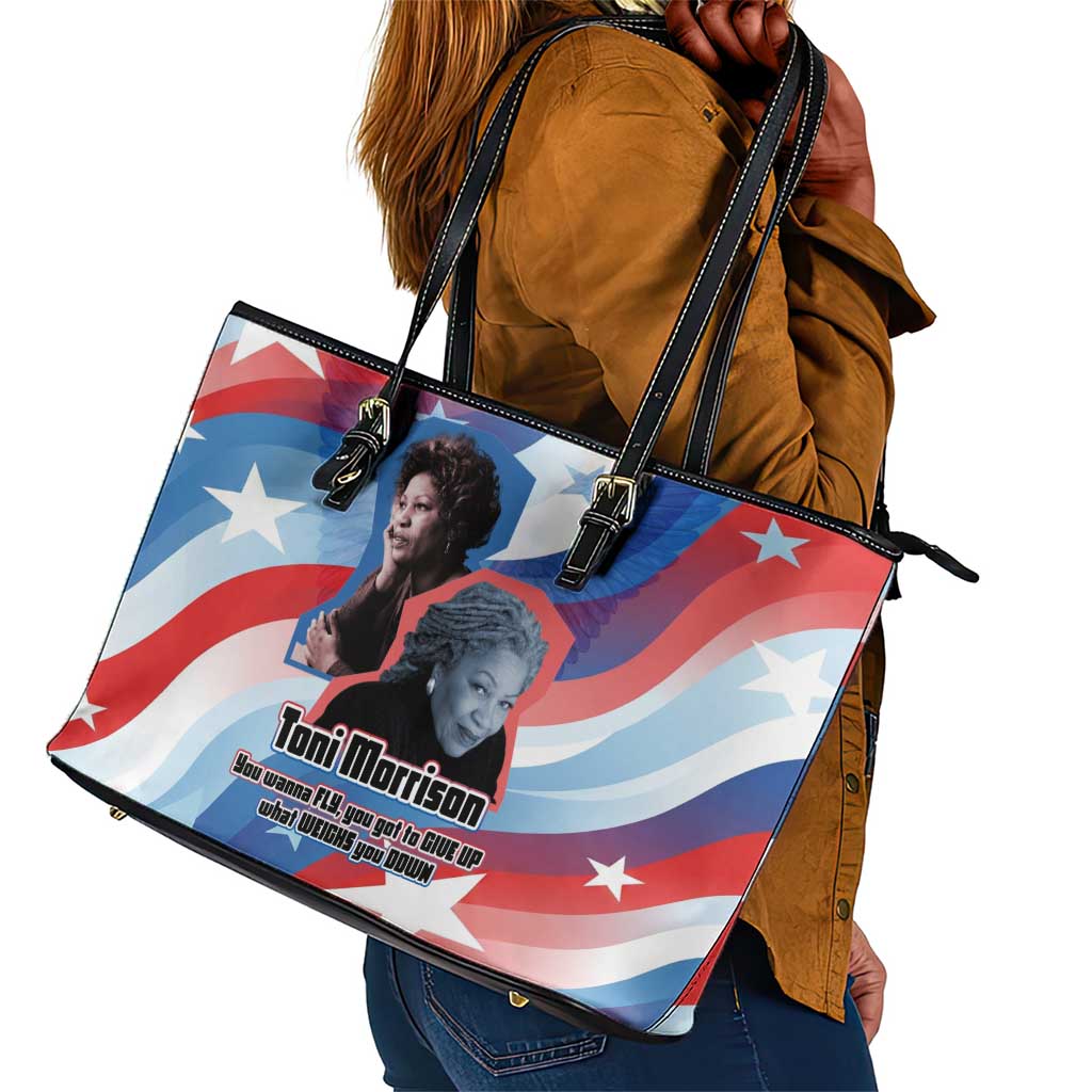 Toni Morrison Leather Tote Bag Abstract Wings Design Empowering Quote Dual Portrait Celebration of Literary Freedom - African Pride