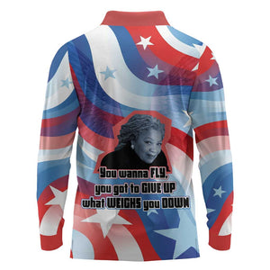 Toni Morrison Long Sleeve Polo Shirt Abstract Wings Design Empowering Quote Dual Portrait Celebration of Literary Freedom - African Pride