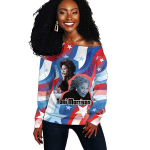 Toni Morrison Off Shoulder Sweater Abstract Wings Design Empowering Quote Dual Portrait Celebration of Literary Freedom - African Pride