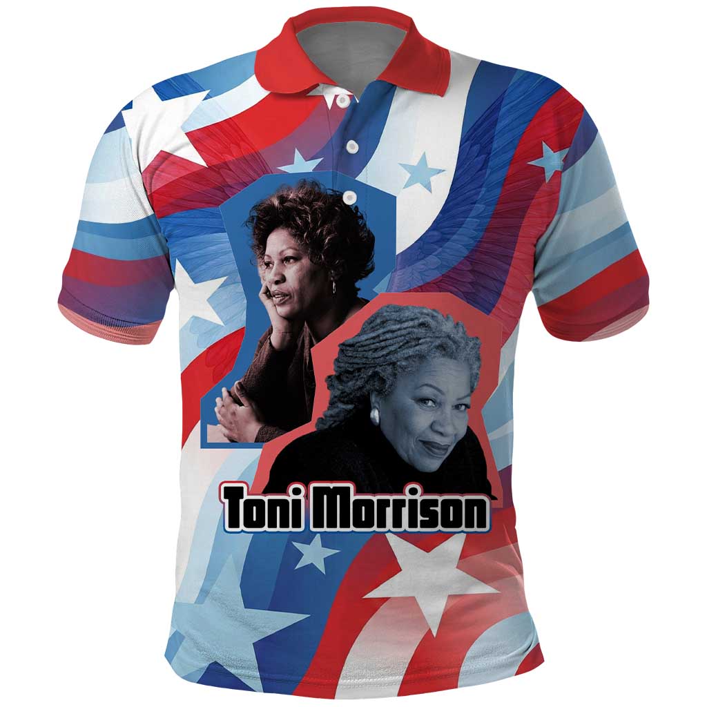 Toni Morrison Polo Shirt Abstract Wings Design Empowering Quote Dual Portrait Celebration of Literary Freedom - African Pride