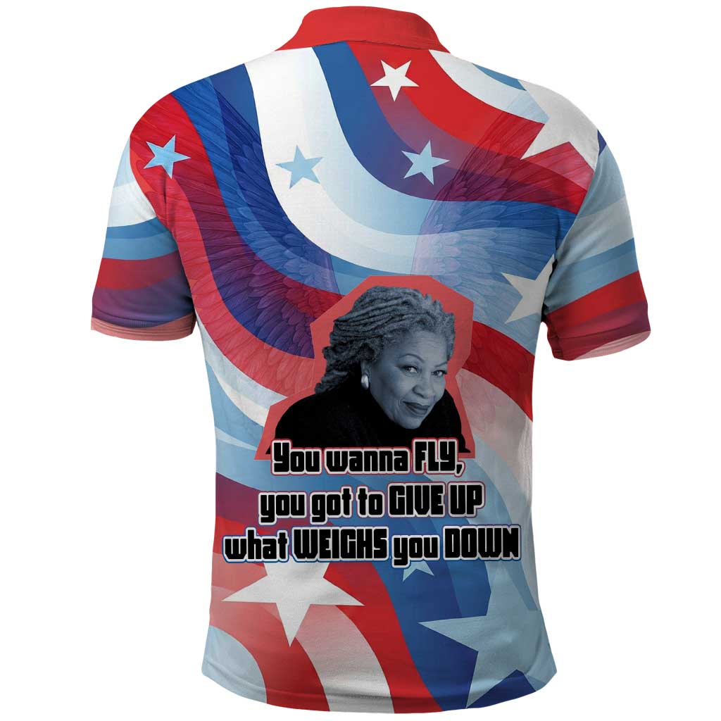 Toni Morrison Polo Shirt Abstract Wings Design Empowering Quote Dual Portrait Celebration of Literary Freedom - African Pride