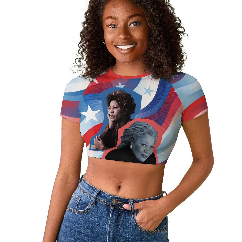 Toni Morrison Raglan Cropped T shirt Abstract Wings Design Empowering Quote Dual Portrait Celebration of Literary Freedom - African Pride