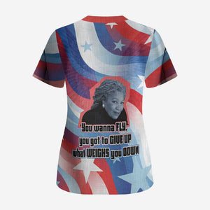 Toni Morrison Scrub Top Abstract Wings Design Empowering Quote Dual Portrait Celebration of Literary Freedom - African Pride