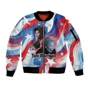 Toni Morrison Sleeve Zip Bomber Jacket Abstract Wings Design Empowering Quote Dual Portrait Celebration of Literary Freedom - African Pride