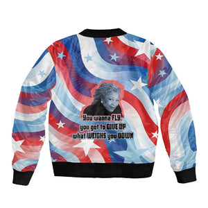 Toni Morrison Sleeve Zip Bomber Jacket Abstract Wings Design Empowering Quote Dual Portrait Celebration of Literary Freedom - African Pride