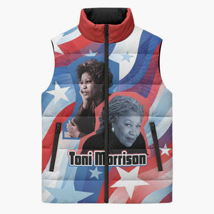 Toni Morrison Sleeveless Puffer Jacket Abstract Wings Design Empowering Quote Dual Portrait Celebration of Literary Freedom - African Pride