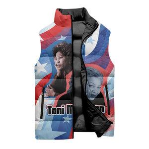 Toni Morrison Sleeveless Puffer Jacket Abstract Wings Design Empowering Quote Dual Portrait Celebration of Literary Freedom - African Pride