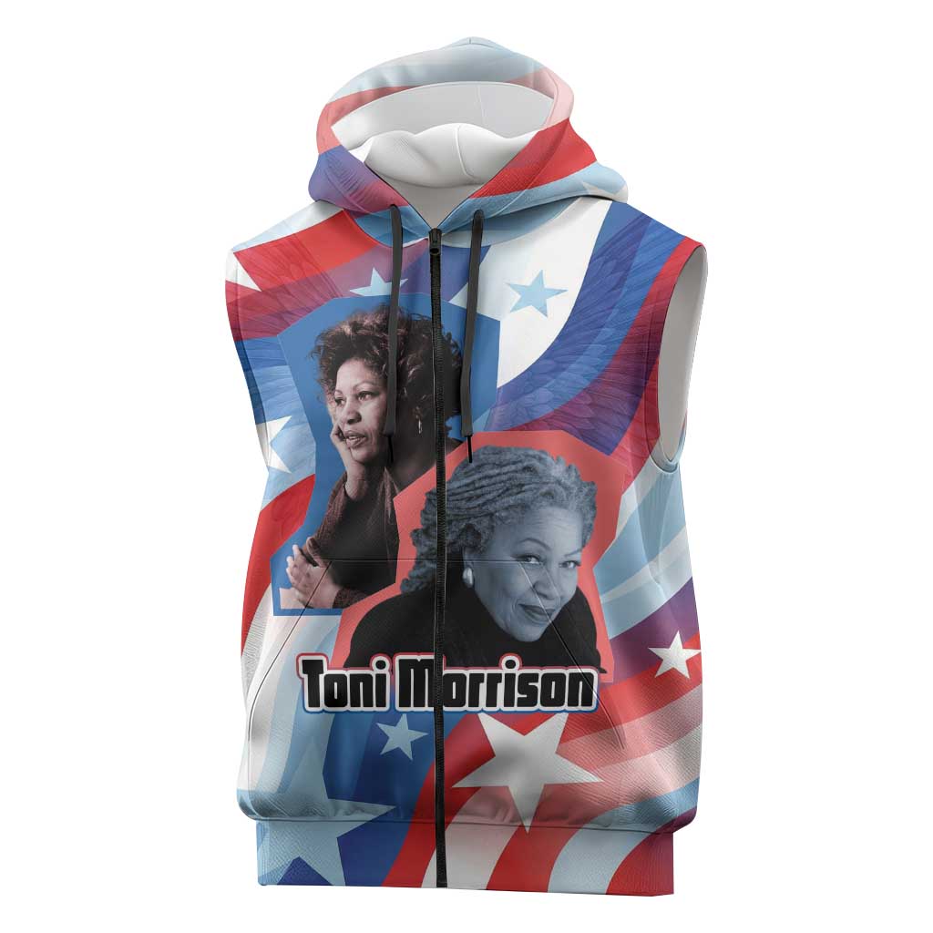 Toni Morrison Sleeveless Zip Hoodie Abstract Wings Design Empowering Quote Dual Portrait Celebration of Literary Freedom - African Pride