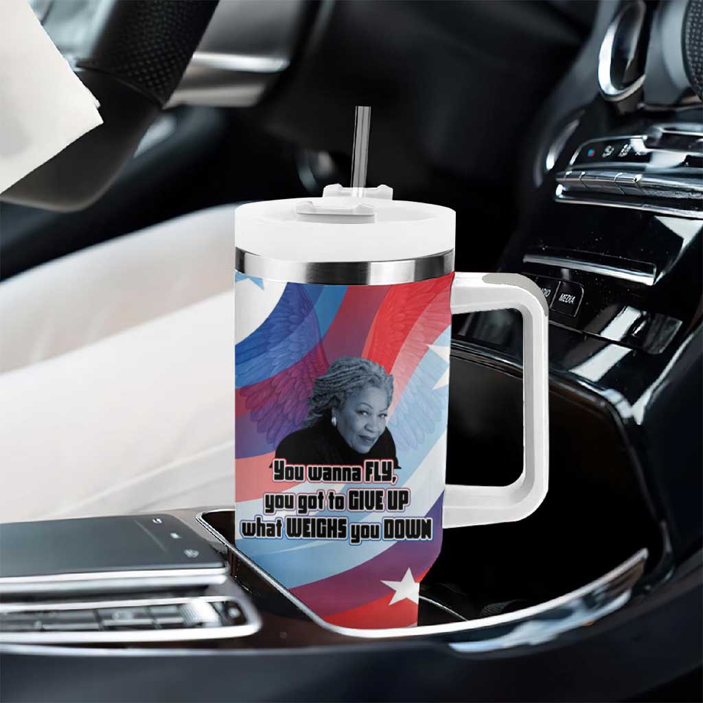 Toni Morrison Tumbler With Handle Abstract Wings Design Empowering Quote Dual Portrait Celebration of Literary Freedom - African Pride