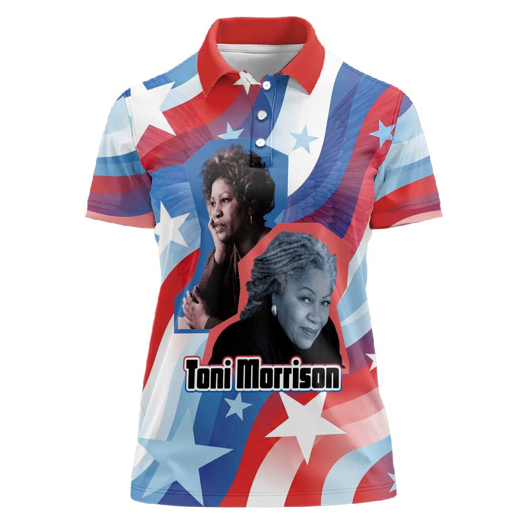 Toni Morrison Women Polo Shirt Abstract Wings Design Empowering Quote Dual Portrait Celebration of Literary Freedom - African Pride