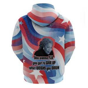 Toni Morrison Zip Hoodie Abstract Wings Design Empowering Quote Dual Portrait Celebration of Literary Freedom - African Pride
