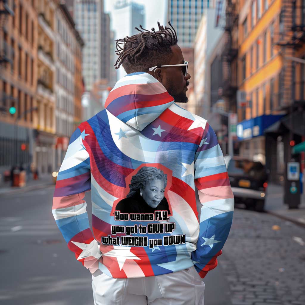 Toni Morrison Zip Hoodie Abstract Wings Design Empowering Quote Dual Portrait Celebration of Literary Freedom - African Pride
