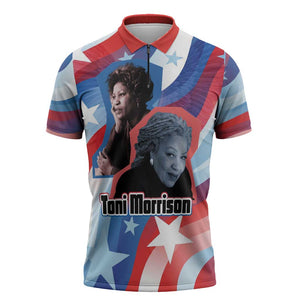 Toni Morrison Zipper Polo Shirt Abstract Wings Design Empowering Quote Dual Portrait Celebration of Literary Freedom - African Pride