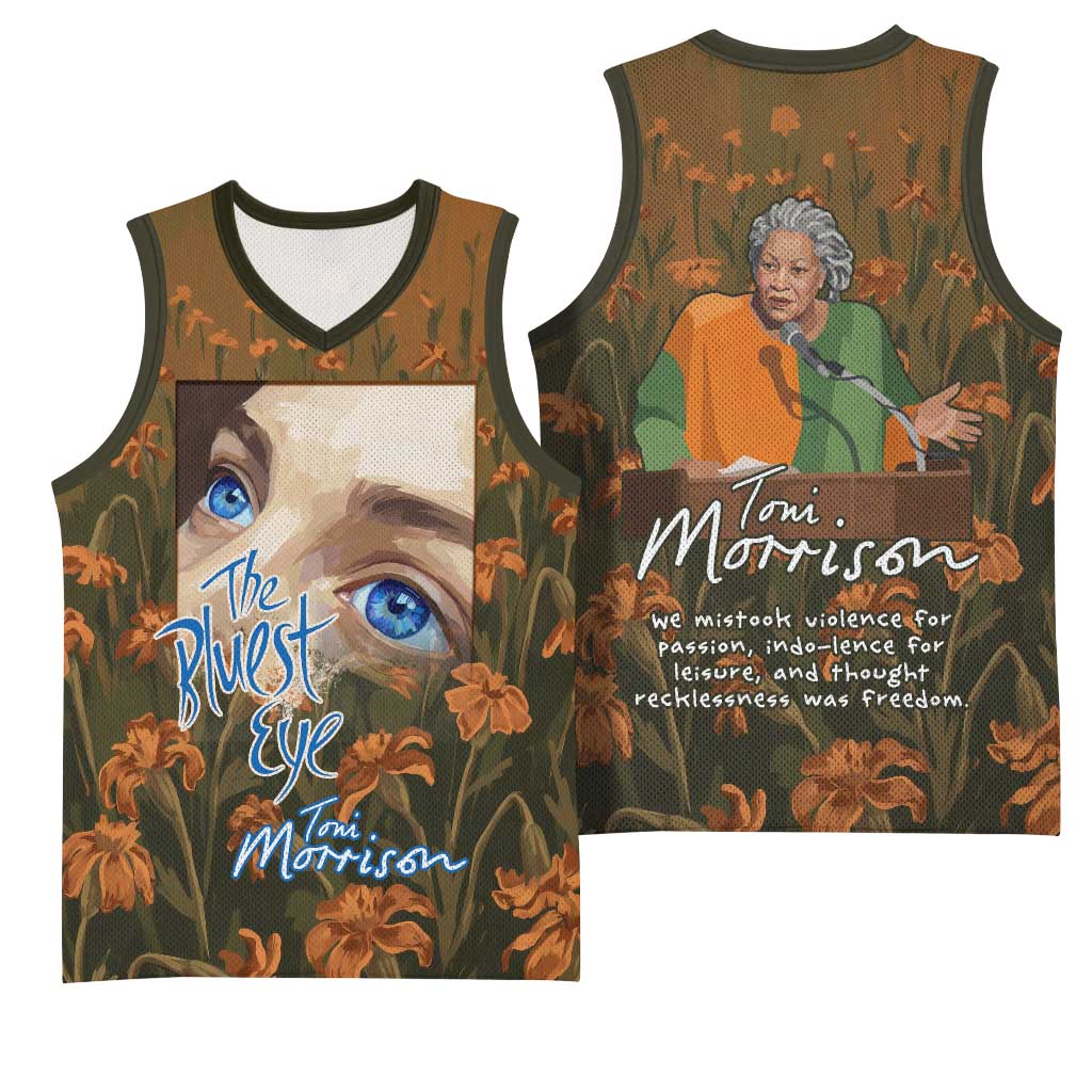 Toni Morrison Basketball Jersey Floral Themed Design Featuring The Bluest Eye Cover Art Thought-Provoking Quote - African Pride