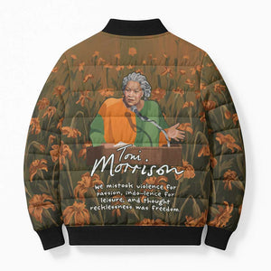 Toni Morrison Bomber Puffer Jacket Floral Themed Design Featuring The Bluest Eye Cover Art Thought-Provoking Quote - African Pride