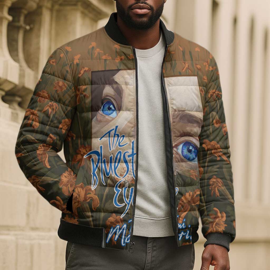 Toni Morrison Bomber Puffer Jacket Floral Themed Design Featuring The Bluest Eye Cover Art Thought-Provoking Quote - African Pride