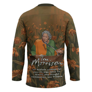 Toni Morrison Hockey Jersey Floral Themed Design Featuring The Bluest Eye Cover Art Thought-Provoking Quote - African Pride