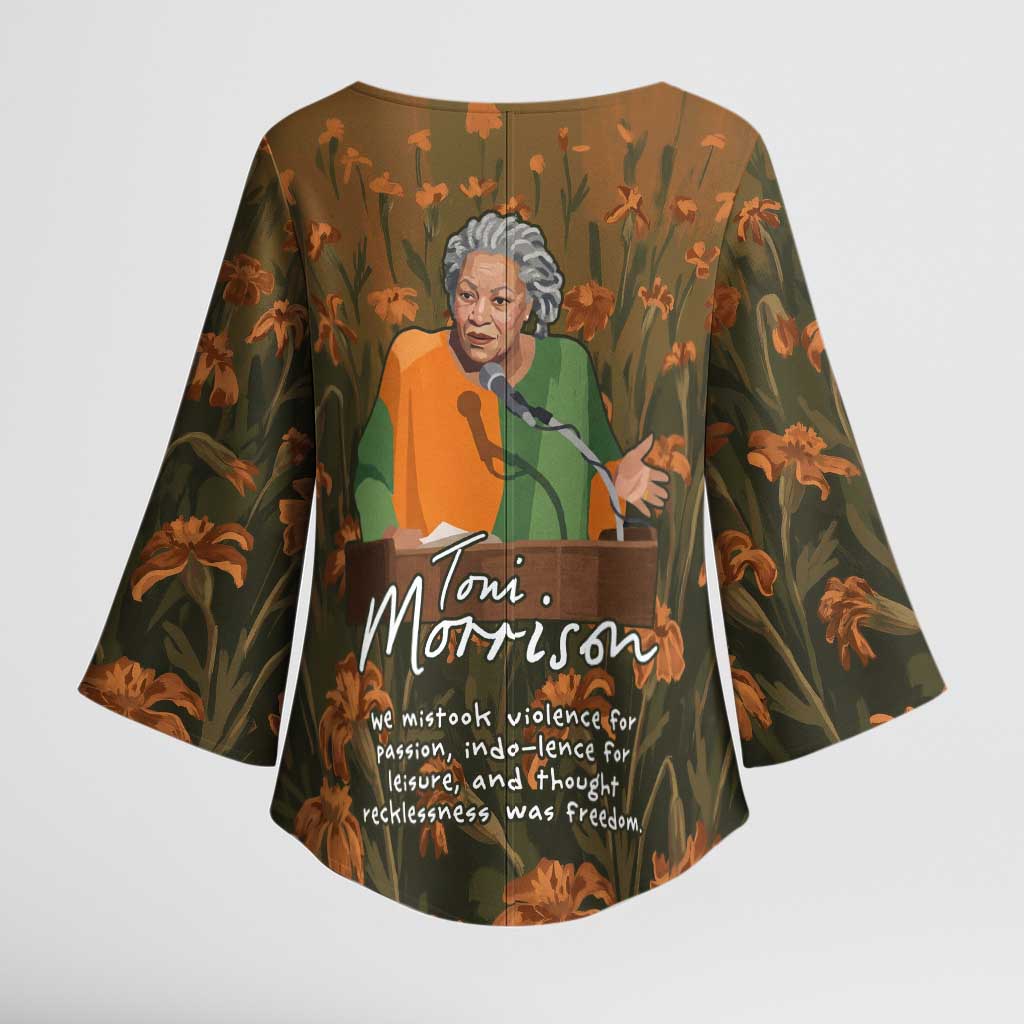 Toni Morrison Kimono Sleeve Blouse Floral Themed Design Featuring The Bluest Eye Cover Art Thought-Provoking Quote - African Pride
