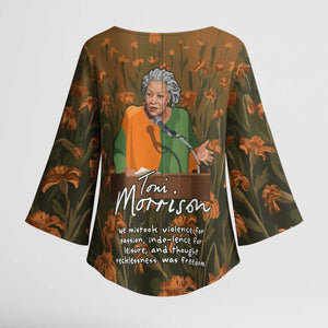 Toni Morrison Kimono Sleeve Blouse Floral Themed Design Featuring The Bluest Eye Cover Art Thought-Provoking Quote - African Pride