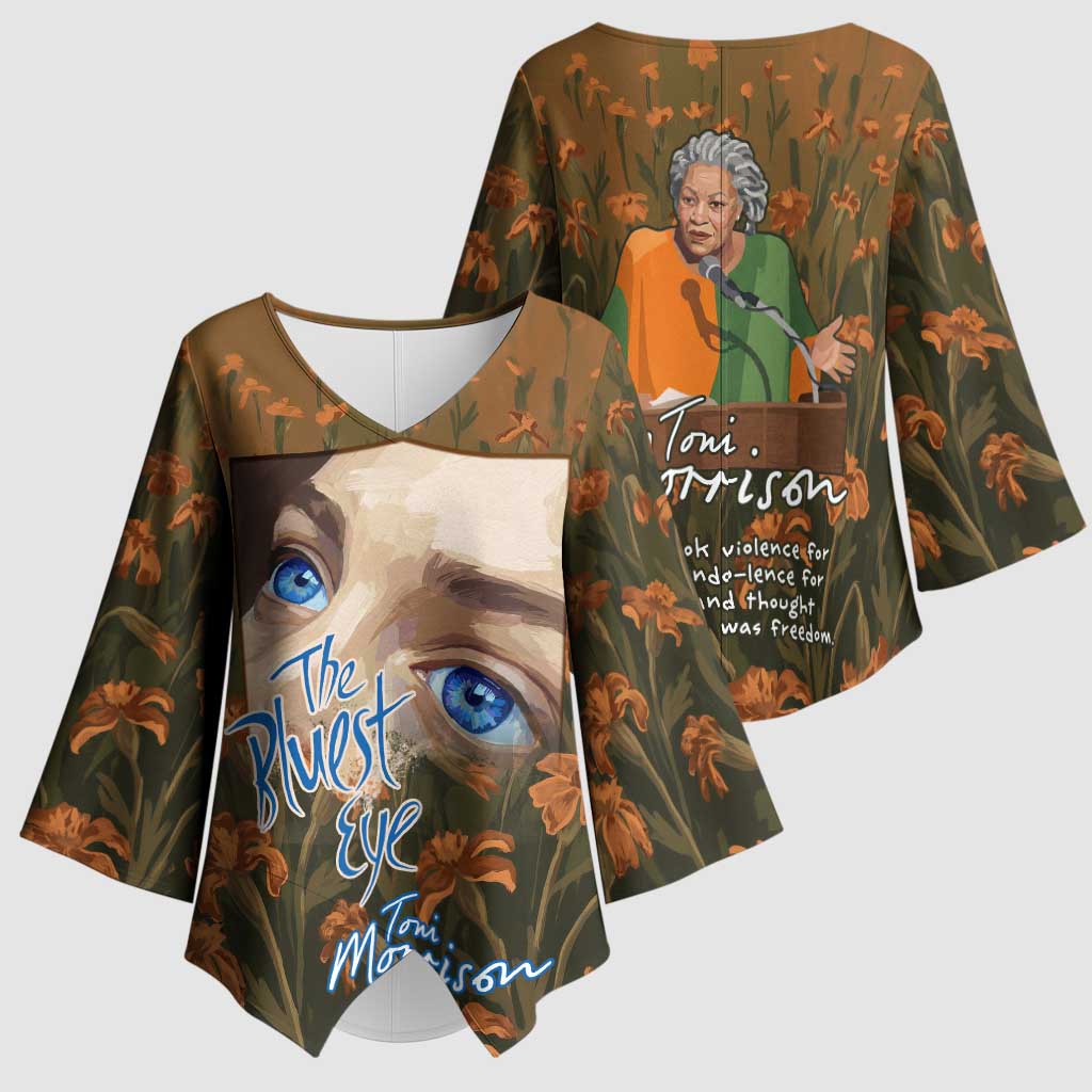 Toni Morrison Kimono Sleeve Blouse Floral Themed Design Featuring The Bluest Eye Cover Art Thought-Provoking Quote - African Pride