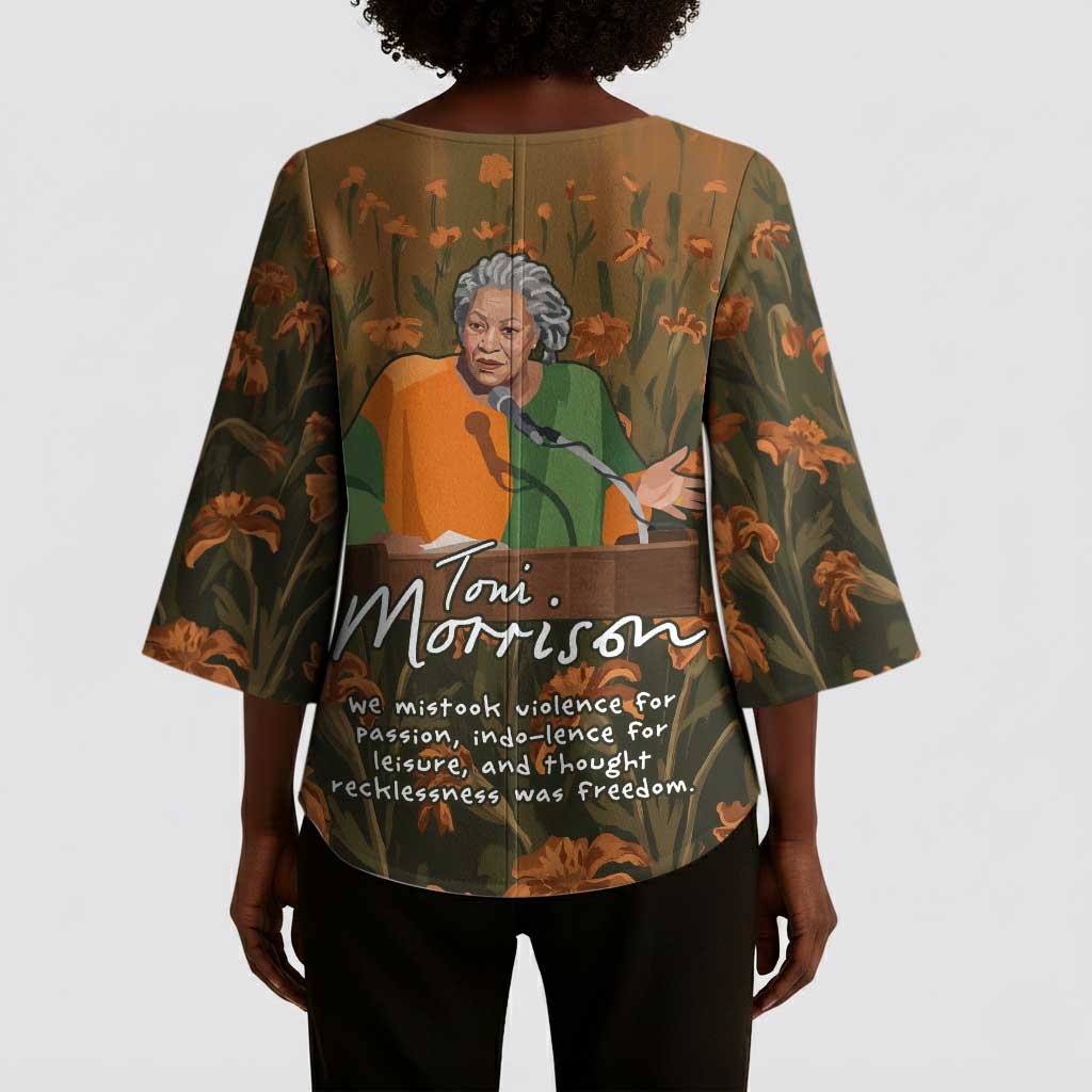 Toni Morrison Kimono Sleeve Blouse Floral Themed Design Featuring The Bluest Eye Cover Art Thought-Provoking Quote - African Pride