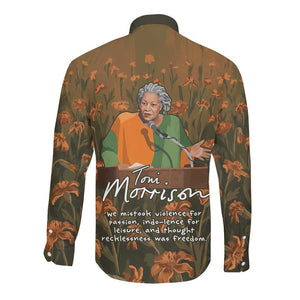 Toni Morrison Long Sleeve Button Shirt Floral Themed Design Featuring The Bluest Eye Cover Art Thought-Provoking Quote - African Pride