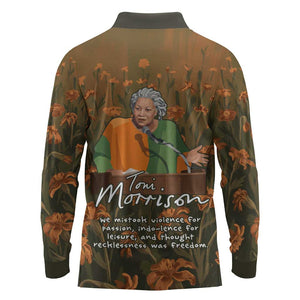 Toni Morrison Long Sleeve Polo Shirt Floral Themed Design Featuring The Bluest Eye Cover Art Thought-Provoking Quote - African Pride
