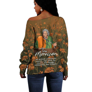 Toni Morrison Off Shoulder Sweater Floral Themed Design Featuring The Bluest Eye Cover Art Thought-Provoking Quote - African Pride