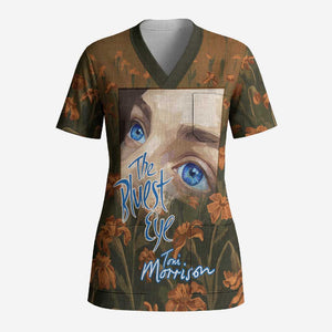 Toni Morrison Scrub Top Floral Themed Design Featuring The Bluest Eye Cover Art Thought-Provoking Quote - African Pride