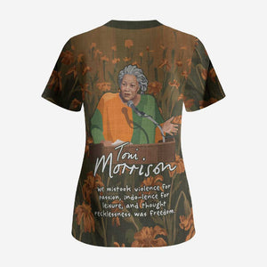 Toni Morrison Scrub Top Floral Themed Design Featuring The Bluest Eye Cover Art Thought-Provoking Quote - African Pride