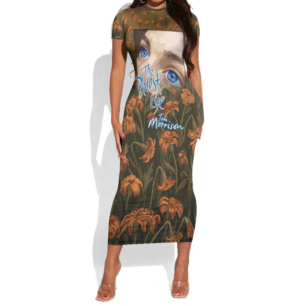 Toni Morrison Short Sleeve Bodycon Dress Floral Themed Design Featuring The Bluest Eye Cover Art Thought-Provoking Quote - African Pride