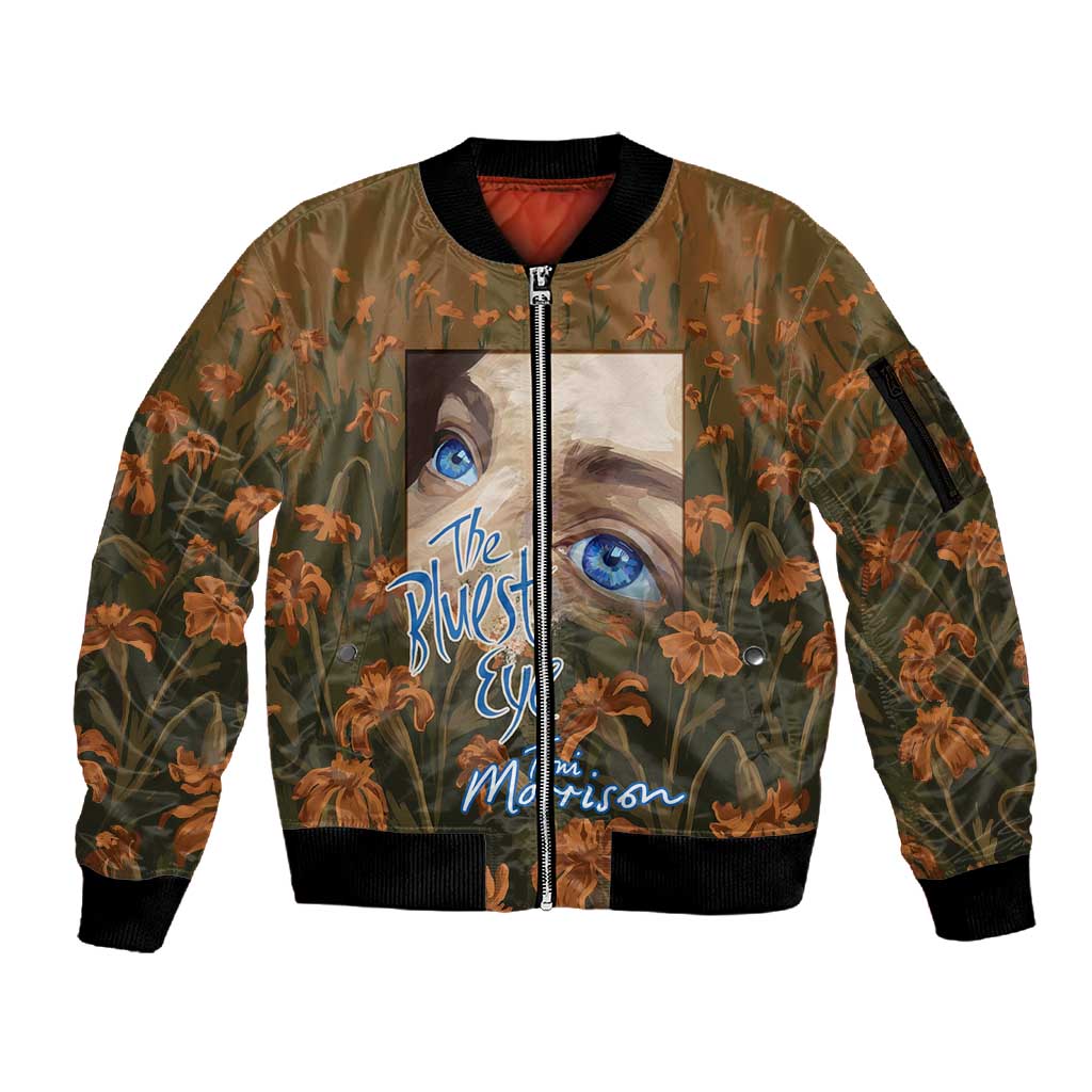 Toni Morrison Sleeve Zip Bomber Jacket Floral Themed Design Featuring The Bluest Eye Cover Art Thought-Provoking Quote - African Pride
