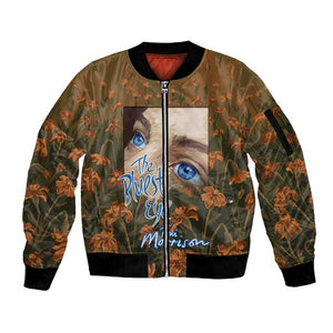 Toni Morrison Sleeve Zip Bomber Jacket Floral Themed Design Featuring The Bluest Eye Cover Art Thought-Provoking Quote - African Pride