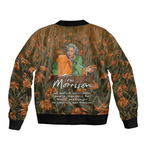 Toni Morrison Sleeve Zip Bomber Jacket Floral Themed Design Featuring The Bluest Eye Cover Art Thought-Provoking Quote - African Pride