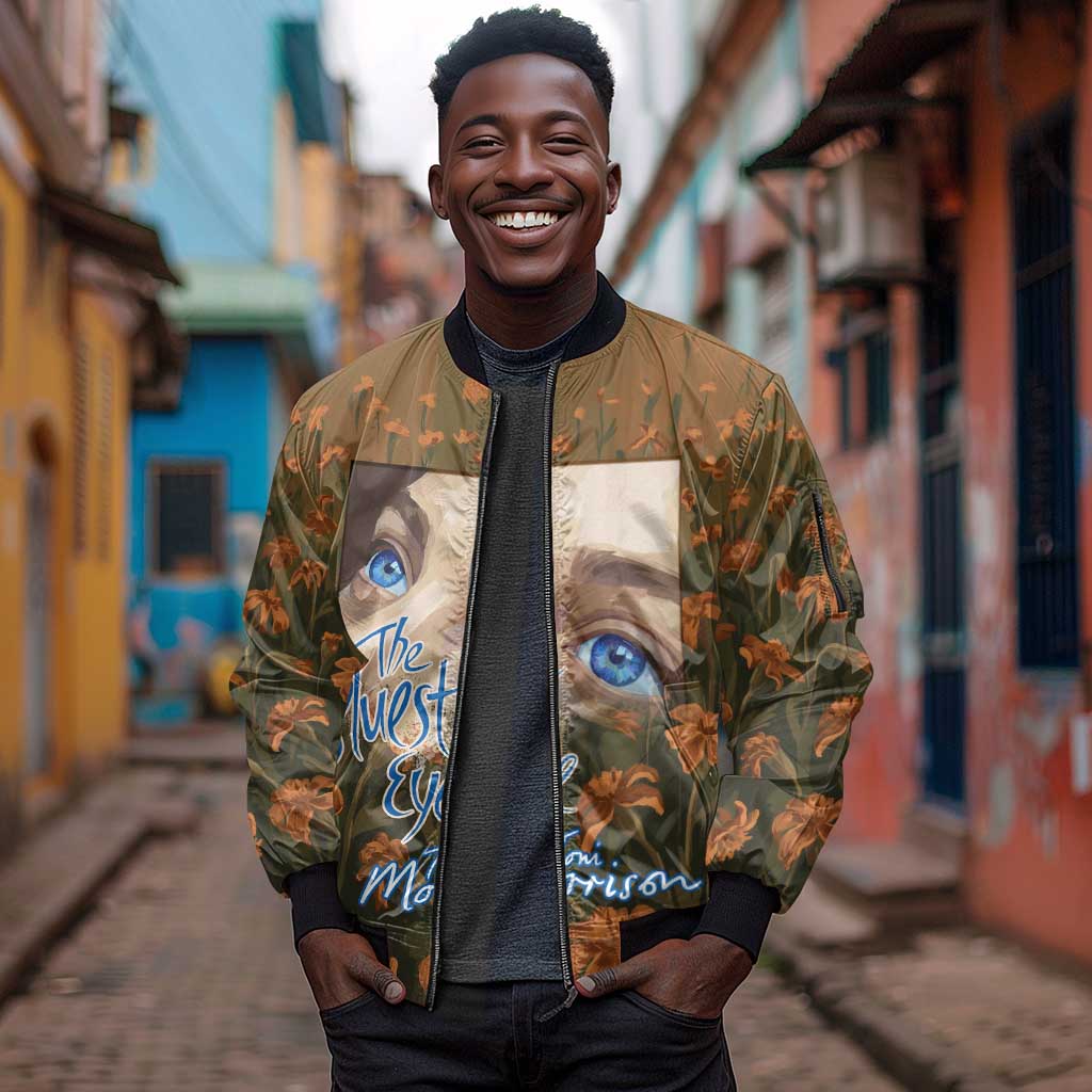 Toni Morrison Sleeve Zip Bomber Jacket Floral Themed Design Featuring The Bluest Eye Cover Art Thought-Provoking Quote - African Pride